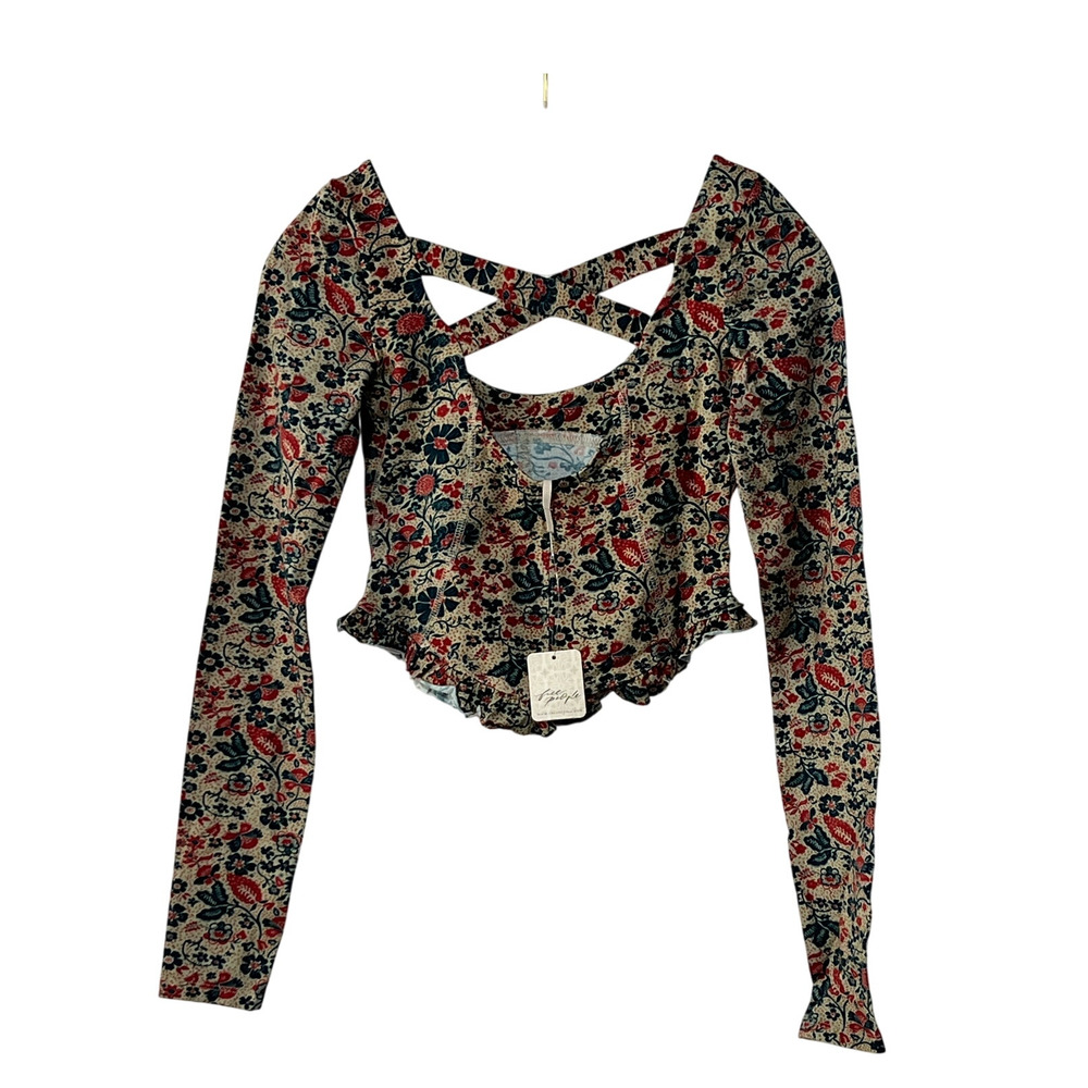 FREE PEOPLE TOP WOMENS XSMALL MELANIE FLORAL LONG SLEEVE STRETCH SHIRT SAND - Picture 6 of 13